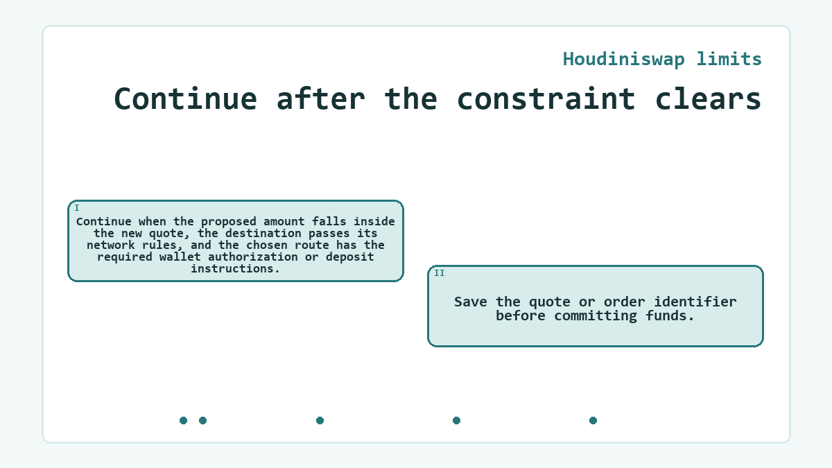 Continue after the constraint clears: Continue when the proposed amount falls inside the new quote, the destination passes its network rules, and the chosen route has the required wallet authorization or deposit instructions.; Save the quote or order identifier before committing funds.